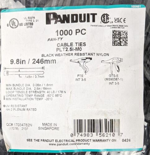 1000 Panduit PLT2.5I-M0 Kabelbinder Pan-Ty 9,8" 40LB schwarz Nylon wetterfest NEU - Bild 2 von 3
