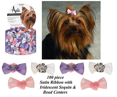 100pc GLITTERING PIXIE SEQUIN&BEAD CENTER SATIN RIBBON BOWS w/Band DOG Grooming