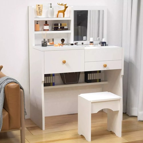 Dressing Table with Mirror Modern Make up Desk Vanity Table Set + Stool White - Picture 9 of 9