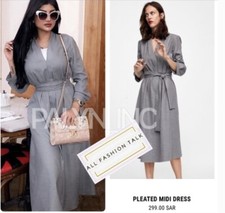 Zara Woman Elegant Flowing Pleated Maxi Dress Gray Long Sleeve Belted M