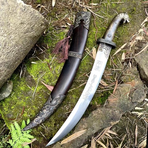 Battle Ready Mongolian Saber Sharp Sword Machete Folded Steel Blade Ebony Sheath