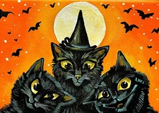 ACEO PRINT OF PAINTING RYTA HALLOWEEN BLACK CAT WITCH AUTUMN FOLK ART Salem 🍁