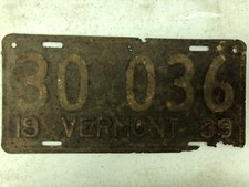 1939 VERMONT License Plate 30-036