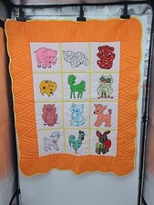 Vintage Kids Nursery Quilt, Baby Blanket, Handmade Patchwork Animals 46"x56" In