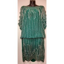 Vintage Judith Ann Creations Beaded Shirt Skirt Set in Dark Green
