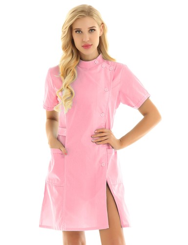 Women's Short Sleeve Lab Coat Medical Nurse Doctor Coat Hospital Uniform Dress - Picture 14 of 50
