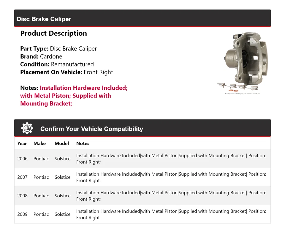 Pinza de freno de disco delantera derecha Cardone 2007 2008 para Pontiac Solstice 2006-2009 Foto 2 de 4