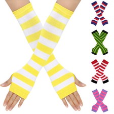Women Girl Party Striped Elbow Long Arm CoverFingerless Gloves Mittens Fashion