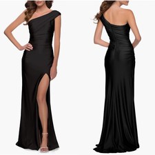 NWT LA FEMME Black ONE SHOULDER Shiny JERSEY Ruched HIGH SLIT Evening GOWN 2