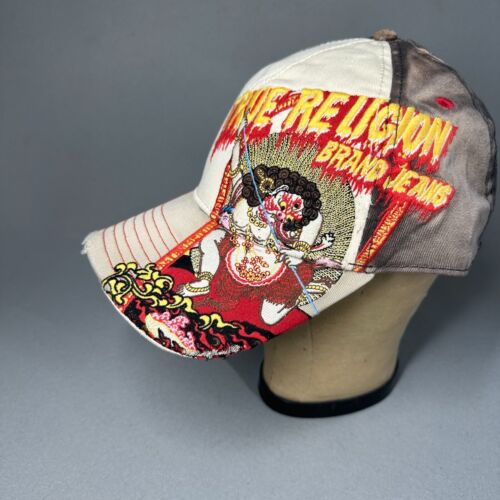 True Religion Hat Embroidered Strapback Distressed Rare Samurai Buddha Flames - Afbeelding 1 van 9