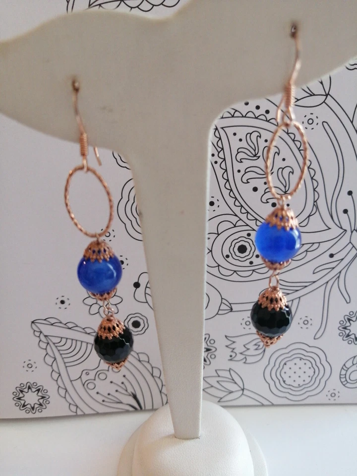 Orecchini Pendenti Donna Argento 925 rosé Pietre naturali Onice agata blu - Immagine 2 di 4