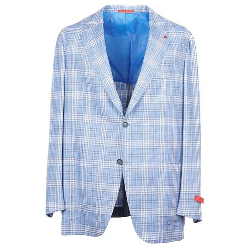 Isaia Slim-Fit Sky Blue Check Wool-Silk-Linen Sport Coat 48R (Eu 58) NWT