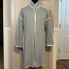 Marla Wynne Green Long Open Front Duster Cardigan Size Medium White Piping EUC