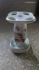 Vintage 4 Slot Toothbrush Holder Ceramic pink Flowers EUC