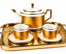 White Gold Metallic Porcelain Tea Set Teapot Lid Cups Saucers Creamer and sugar