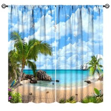 Summer Beach Curtains, Tropical Island Coastal Landscape Ocean Plam Trees Blu...