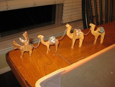 Vintage Olive Wood Camel Train with Figure on Donkey