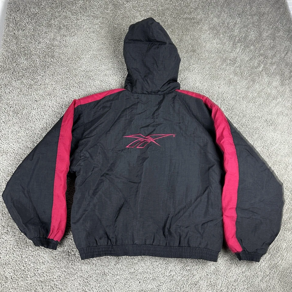Винтажный Reebok куртка женщин средний черный розовый с капюшоном выстеганная полный молнии пуховик - Изображение 2 из 4