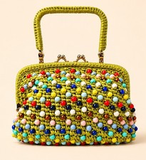 Vintage 1950s 1960s Italian Green Raffia Beaded Handbag Rainbow Purse Mid Centur