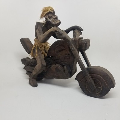 Unique Vintage Wooden Native Riding Motorcycle Carved Wood Tiki Man 9x11