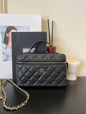 Chanel Vanity Case Black Grained Leather Top Handle Crossbody Bag Gold HW Auth