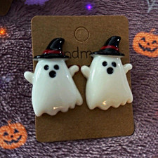Halloween Ghost Stud Earrings Plastic Butterfly Back White Black Red