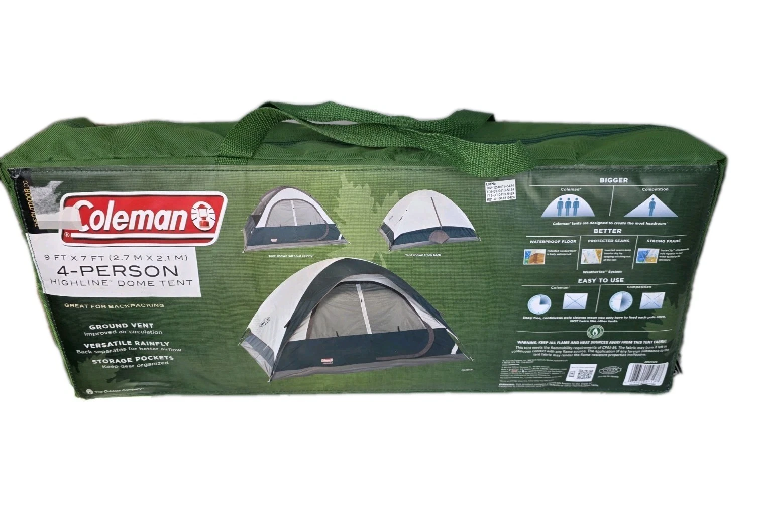 Coleman Sundome 4-Person Weatherproof Dome Tent with Ventilation Palm Green. New