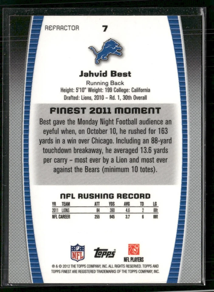 2012 Finest #7 Jahvid Best Gold Refractors #/50 - Image 2 of 2