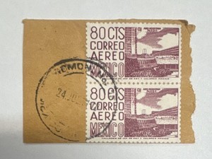 Mexico Air Mail 80 cts Purple Architecture Stamp Pair Handstamped Cancel