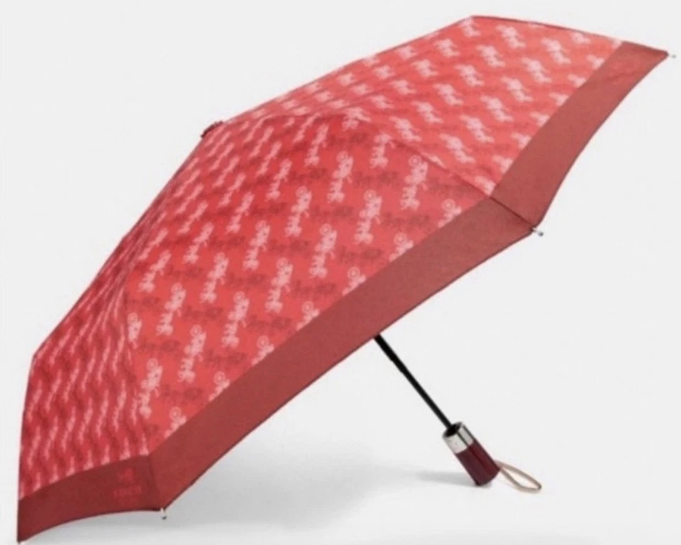NUEVO CON ETIQUETAS COACH Paraguas Retráctil Estampado Caballo Rojo y Carruaje Protección UV F/S Foto 2 de 2