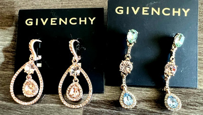 2 Pair GIVENCHY Dangle Earrings Blue Amber Goldtone  GIVENCHY