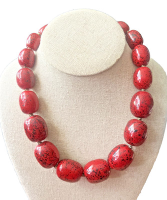Kazuri Kenya Designer Hand Crafted Fixa-Fly 18  Brick Red and Black Necklace NWT