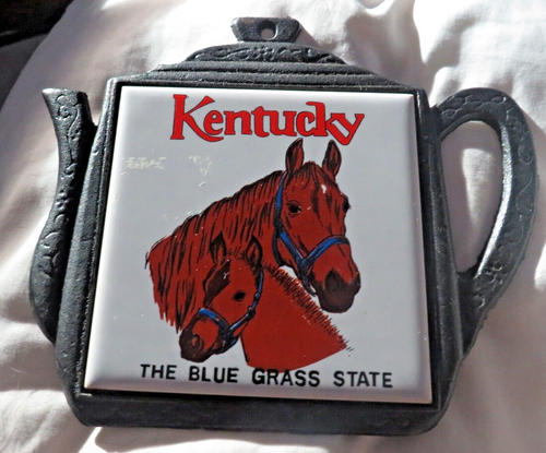 Horse Cast Iron Trivet Ceramic Tile Kentucky Blue Grass State Tea Pot Shape