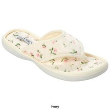 Womens Ellen Tracy Plush Ivory with Floral Print Thong Slippers Size Small 6/7 