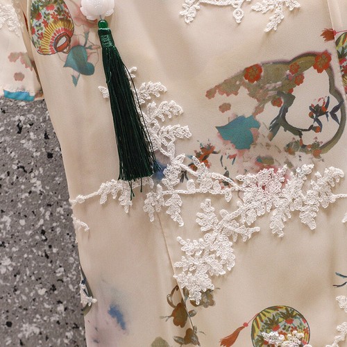 Vestido Chino Mujeres Floral Cheongsam Jacquard Manga Corta Ajuste Acampanado Fiesta Qipao - Imagen 8 de 9