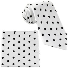 New Men's Polyester Woven Necktie  Hankie Polka Black Dots white tie formal