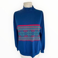 Vintage Mock Neck Blue Geometric Sweater Print Oversized Sweatshirt M/L