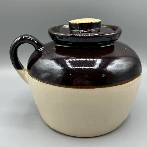 Vintage Two Tone Stoneware Pottery Bean Pot Crock With Lid One Handle USA