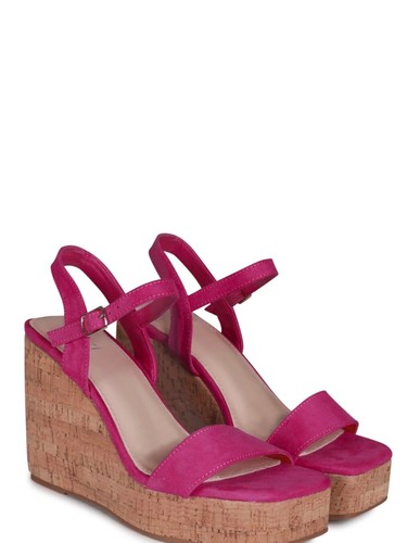 SALE PINK LADIES SIZE 5 FRONT STRAP HIGH CORK WEDGE SQUARE TOE PLATFORM SANDALS - Picture 23 of 24