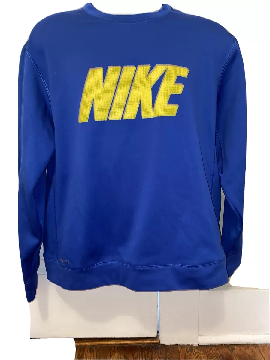 NIKE THERMA FIT Sweatshirt Crew Neck Men s LARGE Blue W Yellow Logo Cotton