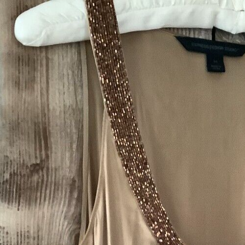 Vintage EXPRESS Deep Scoop Stretch Silk Tunic Bronze Copper Beaded Neckline M - Picture 12 of 21