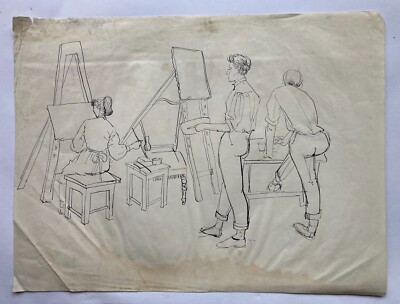 Zeichnung Im Atelier Akademie Zeichenschüler Maler 29,5 x 41,5 cm 1950er Anonym