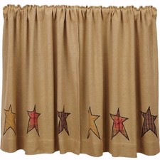 36" L Country Farmhouse Window Tiers Tan Cotton Burlap Plaid Star Patch Stratton