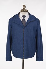 NWT 2495 ISAIA NAPOLI Blue Striped Wool-Silk-Linen Hooded Jacket M EU 50 