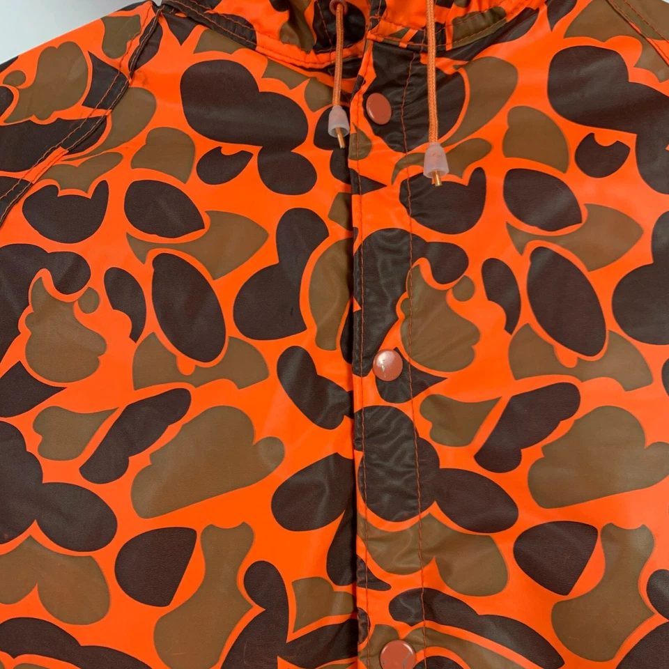 Vintage US Camper Orange Green Camo Camoflauge PVC Quilted Rain Jacket Small - Image 4 of 4