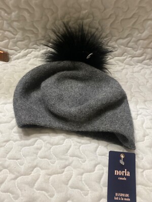 NORLA CANADA WOMEN’S CASHMERE WOOL BLEND GREY KNIT SLOUCH HAT FAKE FUR  POM NWT