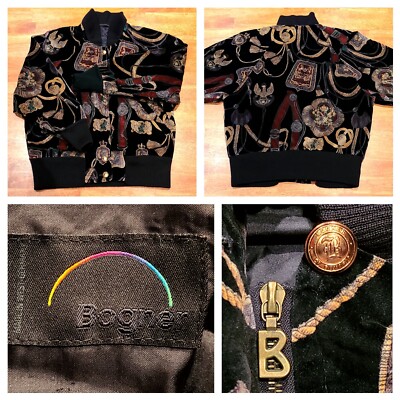 Vintage Bogner Velour French Inspired Print Bomber Jacket Women's Sz 6? Black