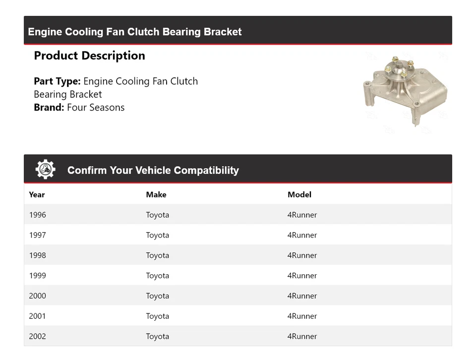 Soporte de cojinete de embrague ventilador de refrigeración del motor Toyota 4Runner 1996-2002 4 estaciones Foto 2 de 4