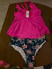 Beachsissi Ruffle V Neck Floral Print Tankini Set - Hot Pink Size L New w/ Tags