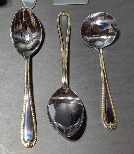 Stainless Gold Beaded Flatware Service for 12 in Wood Storage Box 84 Pieces - Picture 6 of 14